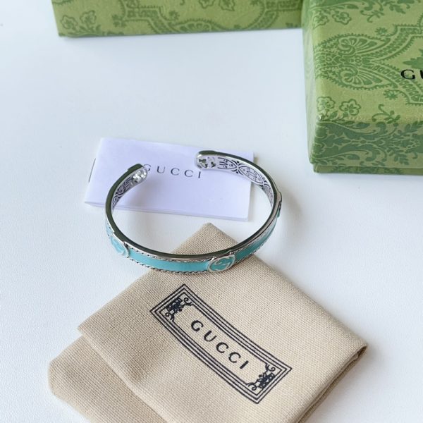 GUCCI CUFF BRACELET INTERLOCKING GG STERLING SILVER TURQUOISE ENAMEL