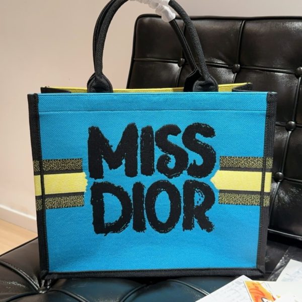 DIOR BOOK TOTE MISS DIOR GRAFFITI EMBROIDERY TWO TONE YELLOW AND BLUE 41CM