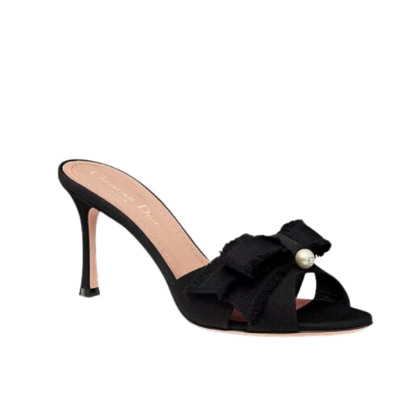 DIOR ADIORABLE HEELED SLIDE BLACK FRINGED GROSGRAIN KCO089GGN S900