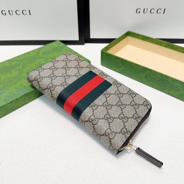 GUCCI SUPREME CANVAS BEE LEATHER WALLET LONG ROUND ZIPPER WEB BEIGE EBONY 21CM