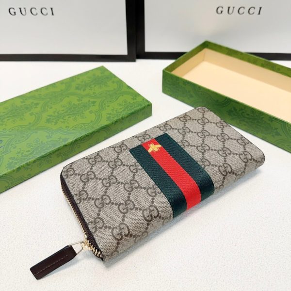 GUCCI SUPREME CANVAS BEE LEATHER WALLET LONG ROUND ZIPPER WEB BEIGE EBONY 21CM