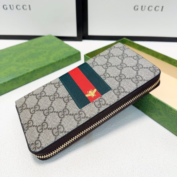 GUCCI SUPREME CANVAS BEE LEATHER WALLET LONG ROUND ZIPPER WEB BEIGE EBONY 21CM