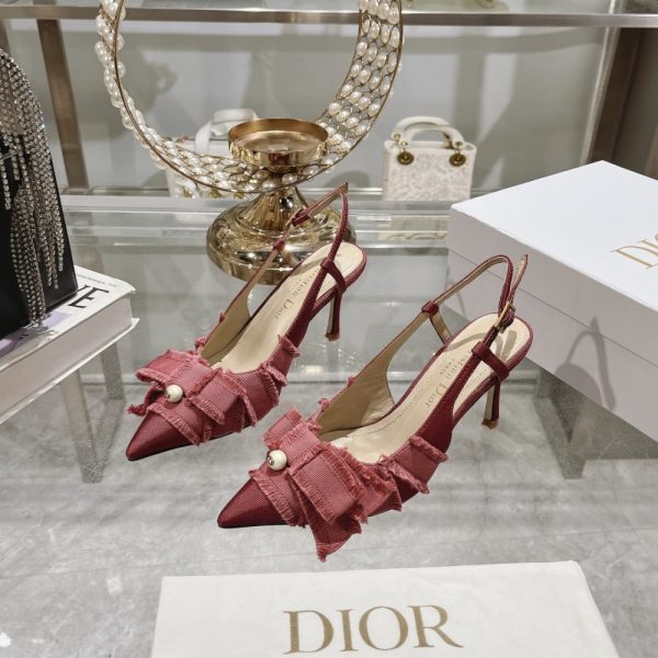 DIOR ADIORABLE SLINGBACK PUMP RED FRINGED GROSGRAIN