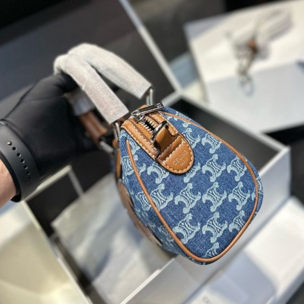 CELINE SMALL BOSTON WITH TRIOMPHE ALL OVER AND CALFSKIN IN DENIM BLUE 20CM 113772FY6 07DD