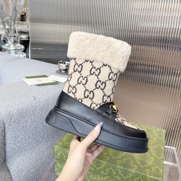 GUCCI 1955 HORSEBIT SNOW BOOTS LEATHER AND SHEARLING IN BLACK BEIGE