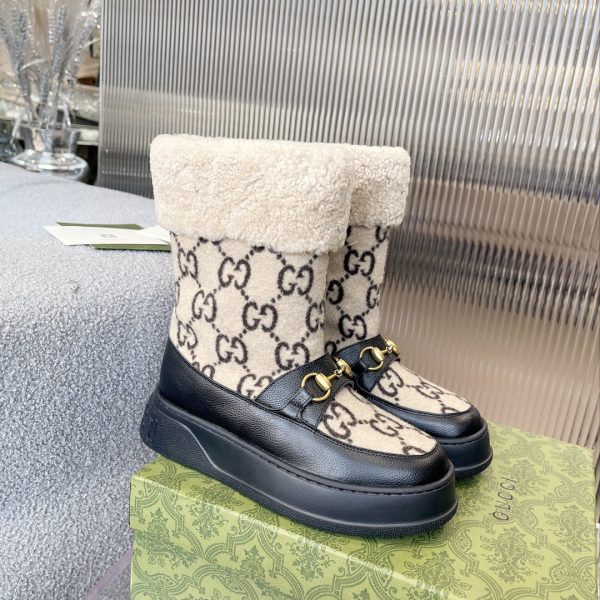 GUCCI 1955 HORSEBIT SNOW BOOTS LEATHER AND SHEARLING IN BLACK BEIGE