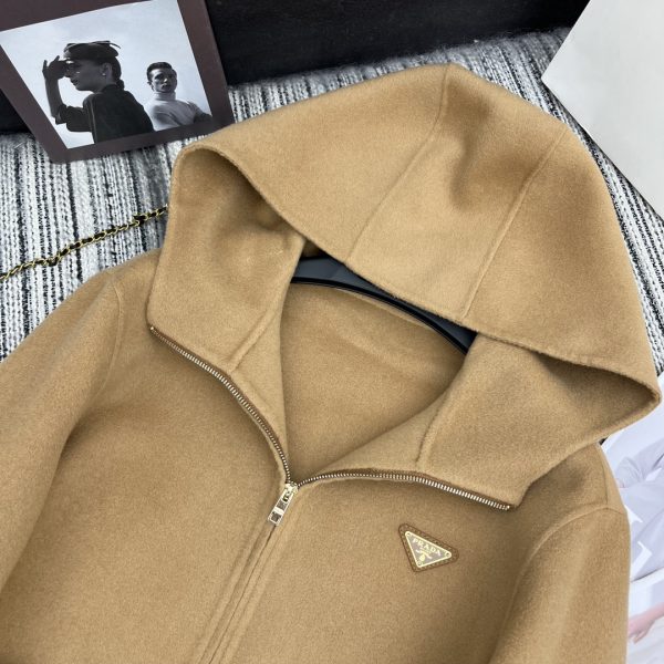 PRADA WOOL COAT WITH HOOD AND LEATHER BELT BROWN