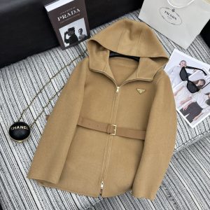 PRADA WOOL COAT WITH HOOD AND LEATHER BELT BROWN