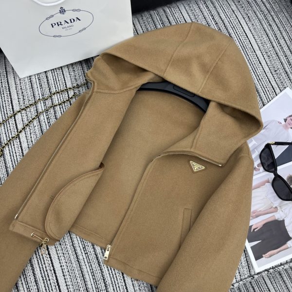 PRADA CROPPED COAT WITH HOOD BROWN