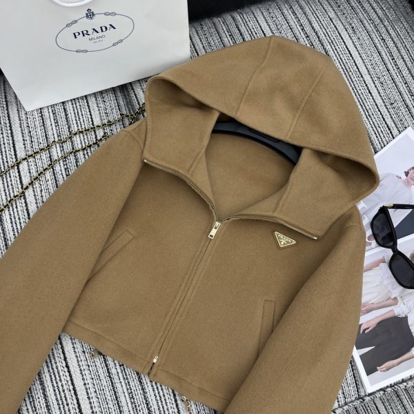 PRADA CROPPED COAT WITH HOOD BROWN