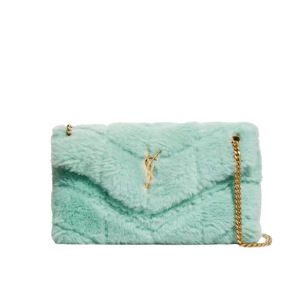 SAINT LAURENT PUFFER BAG IN SHEARLING GREEN 28CM