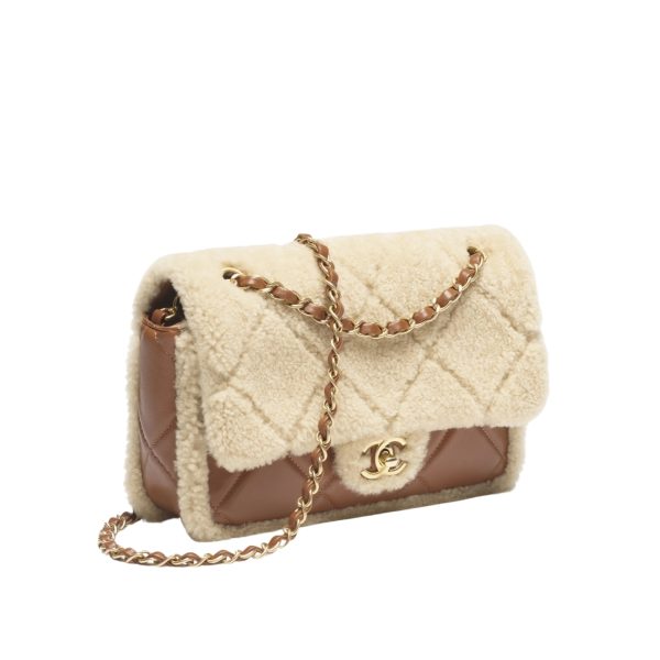 CHANEL FLAP BAG SHEARLING BEIGE & BROWN 23CM AS5149-B18194-NZW48