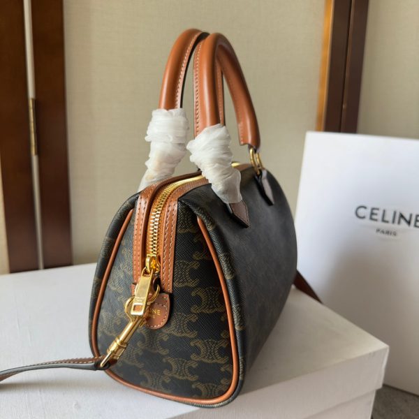 CELINE  SMALL BOSTON CUIR TRIOMPHE IN TRIOMPHE CANVAS AND CALFSKIN TAN