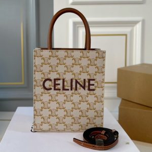 CELINE MINI VERTICAL CABAS IN TRIOMPHE CANVAS AND CALFSKIN BEIGE 17CM