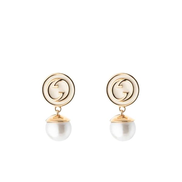 GUCCI BLONDIE PEARL DROP EARRINGS GOLD TONE 774612 I9757 8495