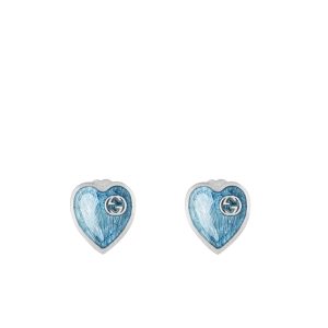 GUCCI DOUBLE GG HEART-SHAPED EARRINGS LIGHT BLUE ENAMEL SILVER