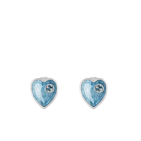 GUCCI DOUBLE GG HEART-SHAPED EARRINGS LIGHT BLUE ENAMEL SILVER