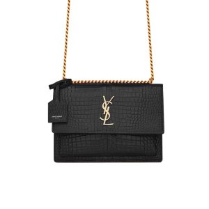 SAINT LAURENT SUNSET MEDIUM IN CROCODILE EMBOSSED LEATHER BLACK 22CM 442906DND0J1000