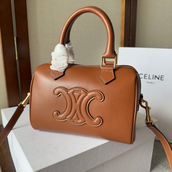 CELINE  SMALL BOSTON BAG IN SMOOTH CALFSKIN WITH CUIR TRIOMPHE BROWN