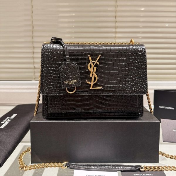 SAINT LAURENT SUNSET MEDIUM IN CROCODILE EMBOSSED LEATHER BLACK 22CM 442906DND0J1000