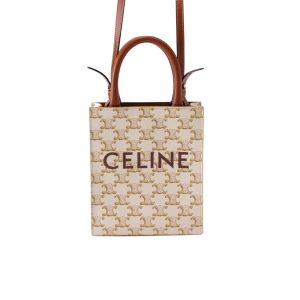 CELINE MINI VERTICAL CABAS IN TRIOMPHE CANVAS AND CALFSKIN BEIGE 17CM