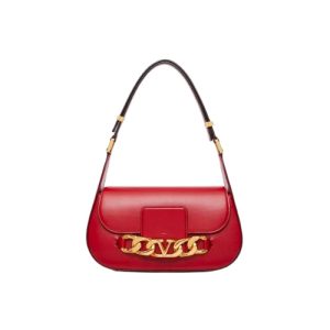 VALENTINO LOGO CHAIN SHOULDER BAG IN RED CALFSKIN