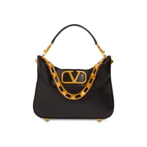 VALENTINO GARAVANI SMALL STUD SIGN LEATHER HOBO BAG IN BLACK