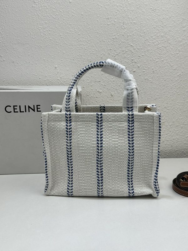 CELINE SMALL CABAS THAIS IN STRIPED TEXTILE AND CALFSKIN XHITE/BLUE 25CM 199162EYI01BB