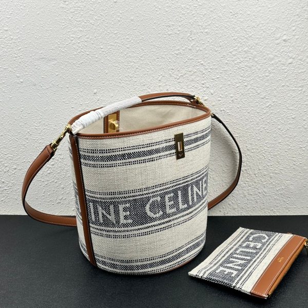 CELINE BUCKET 16 IN STRIPED TEXTILE WITH CELINE JACQUARD WHITE BLACK 25CM