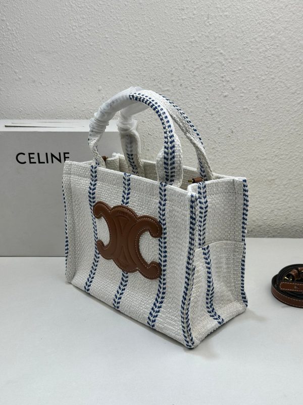 CELINE SMALL CABAS THAIS IN STRIPED TEXTILE AND CALFSKIN XHITE/BLUE 25CM 199162EYI01BB