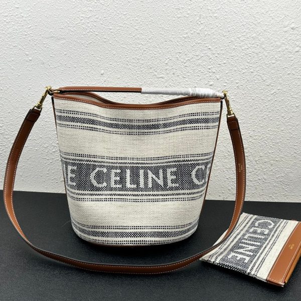 CELINE BUCKET 16 IN STRIPED TEXTILE WITH CELINE JACQUARD WHITE BLACK 25CM