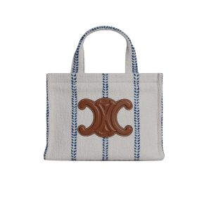 CELINE SMALL CABAS THAIS IN STRIPED TEXTILE AND CALFSKIN XHITE/BLUE 25CM 199162EYI01BB