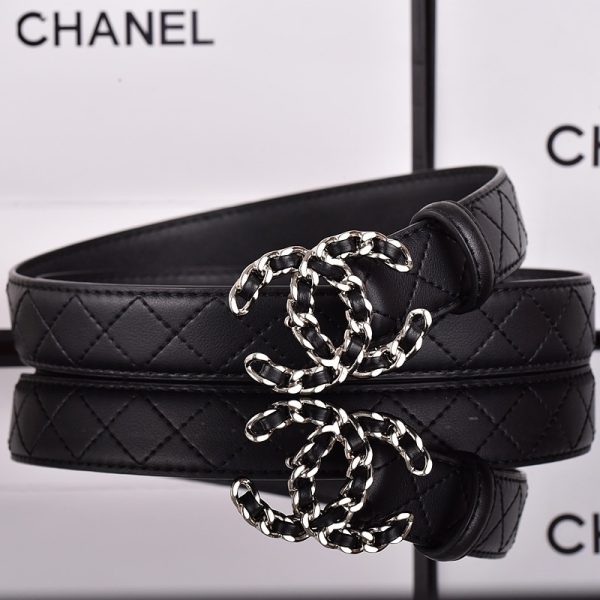 CHANEL CC BELT SILVER CHAIN AND BLACK LEATHER 28MM