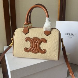 CELINE  SMALL BOSTON CUIR TRIOMPHE IN TEXTILE AND CALFSKIN TAN