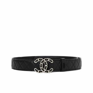 CHANEL CC BELT SILVER CHAIN AND BLACK LEATHER 28MM