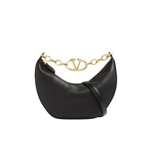 VALENTINO GARAVANI SMALL V LOGO GATE LEATHER TOP HANDLE BAG BLACK 24CM