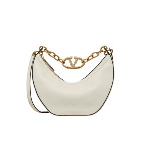 VALENTINO GARAVANI SMALL VLOGO MOON HOBO BAG IN GRAINY CALFSKIN WITH CHAIN WHITE 29CM 4W2B0N08JDK 098