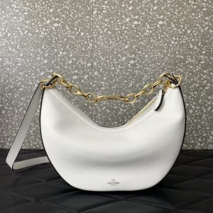 VALENTINO GARAVANI SMALL VLOGO MOON HOBO BAG IN GRAINY CALFSKIN WITH CHAIN WHITE 29CM 4W2B0N08JDK 098