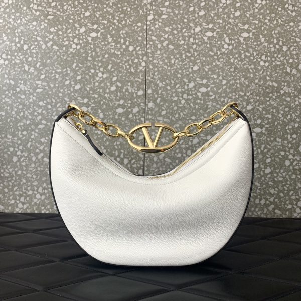 VALENTINO GARAVANI SMALL VLOGO MOON HOBO BAG IN GRAINY CALFSKIN WITH CHAIN WHITE 29CM 4W2B0N08JDK 098