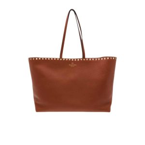 VALENTINO GARAVANI ROCKSTUD GRAINY CALFSKIN TOTE BAG BROWN 35CM 1W2B0B70VSF HG5