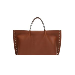 VALENTINO GARAVANI ROCKSTUD LEATHER TOTE BROWN 36CM