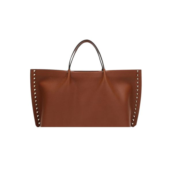 VALENTINO GARAVANI ROCKSTUD LEATHER TOTE BROWN 36CM