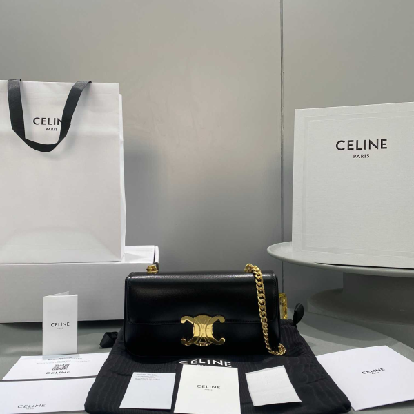 CELINE CHAIN BOX TRIOMPHE BAG IN SHINY CALFSKIN BLACK