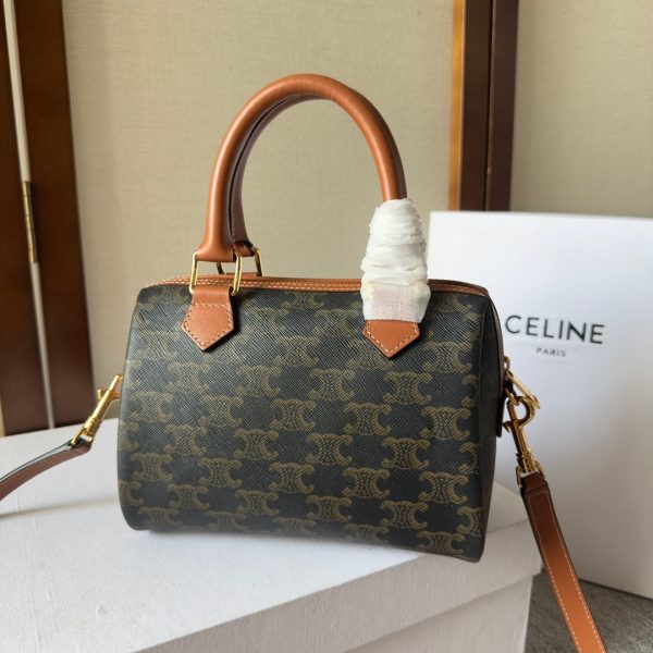 CELINE  SMALL BOSTON CUIR TRIOMPHE IN TRIOMPHE CANVAS AND CALFSKIN TAN