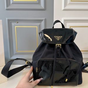 PRADA WOMEN RE NYLON AND BRUSHED BACKPACK BLACK 27CM