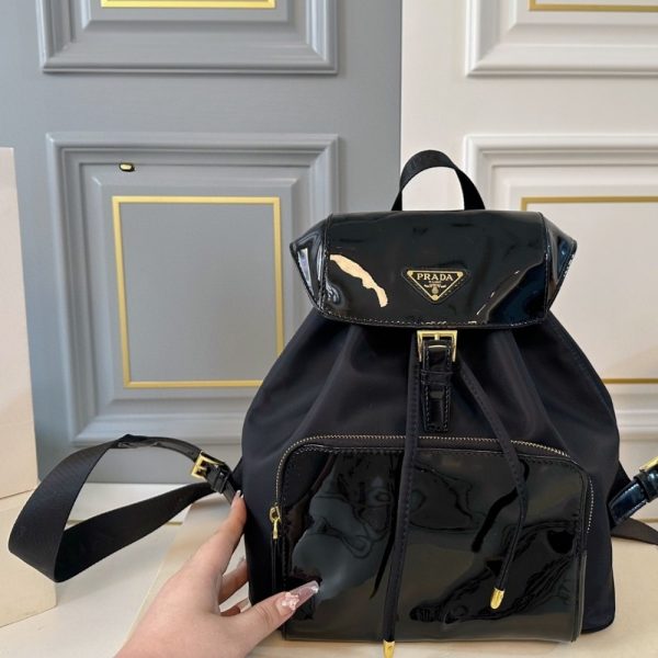PRADA WOMEN RE NYLON AND BRUSHED BACKPACK BLACK 27CM