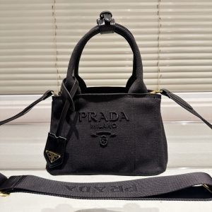 PRADA SMALL COTTON CANVAS HANDBAG BLACK 22CM 1BG464 2CYA F0002 V 8OM