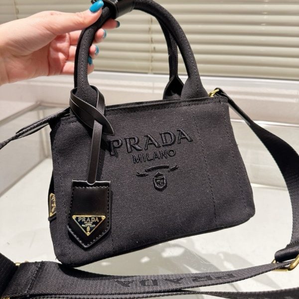 PRADA SMALL COTTON CANVAS HANDBAG BLACK 22CM 1BG464 2CYA F0002 V 8OM