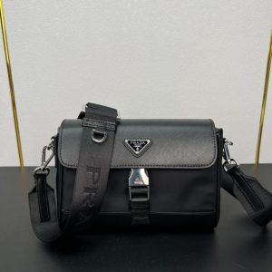 PRADA RE NYLON AND SAFFIANO SHOULDER BAG BLACK 20CM 2VD053 2DMH F0002 V OOO