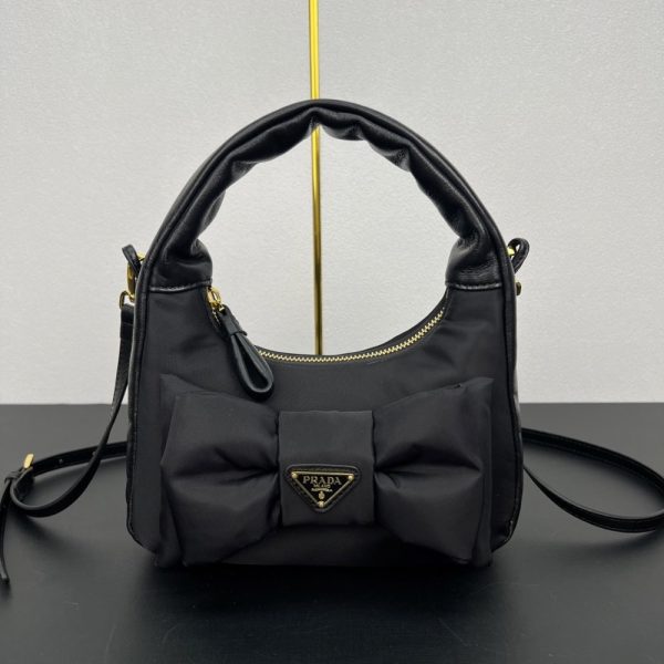 PRADA RE NYLON AND NAPPA MINI BAG WITH BOW BLACK 21CM 1BC241 RP0C F0002 V OXO